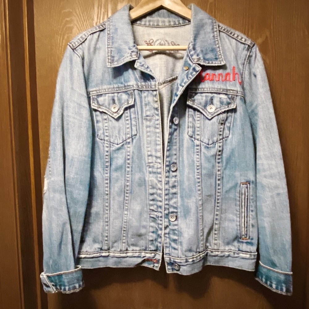 Blue Denim Jacket with Red “Hannah” Embroidery